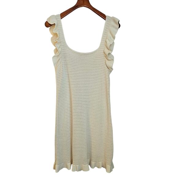 Anthropologie Cream Pointelle Crochet Mini Dress with Ruffles - Picture 4 of 10